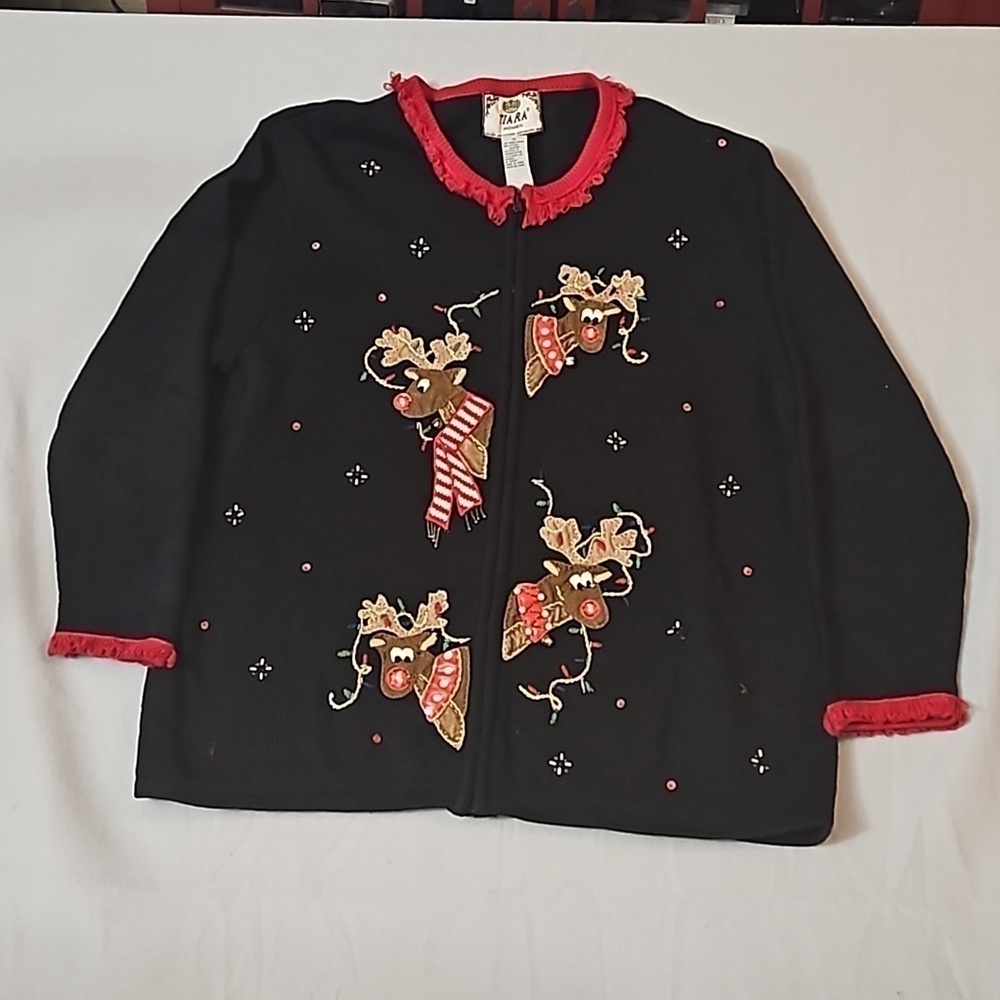 Ugly Cristmas Tiara Reindeer Holiday Zip Sweater sz 1X